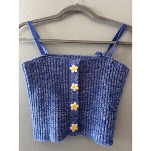 Ledin L Blue Cropped Knit Tank Sunflower Buttons Cottagecore Y2K Top Festival